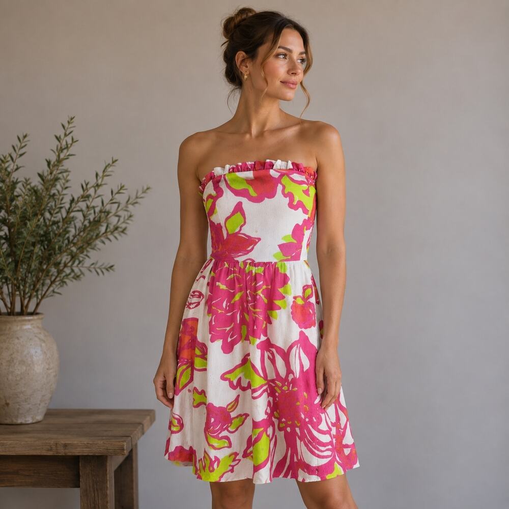 Lilly Pulitzer Pink Green Whtie  Floral Strapless Fit & Flare  Dress size 4